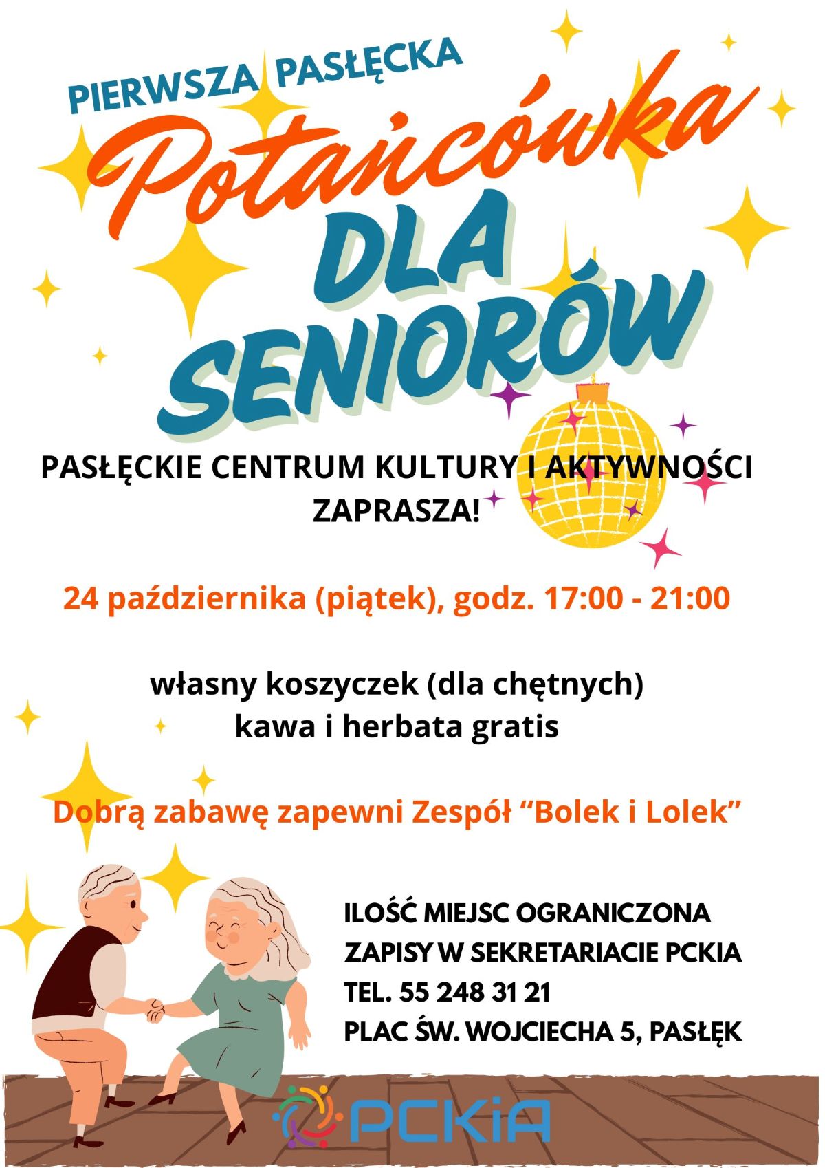 Plakat Pierwsza Pasłęcka Potańc&oacute;wka dla Senior&oacute;w
